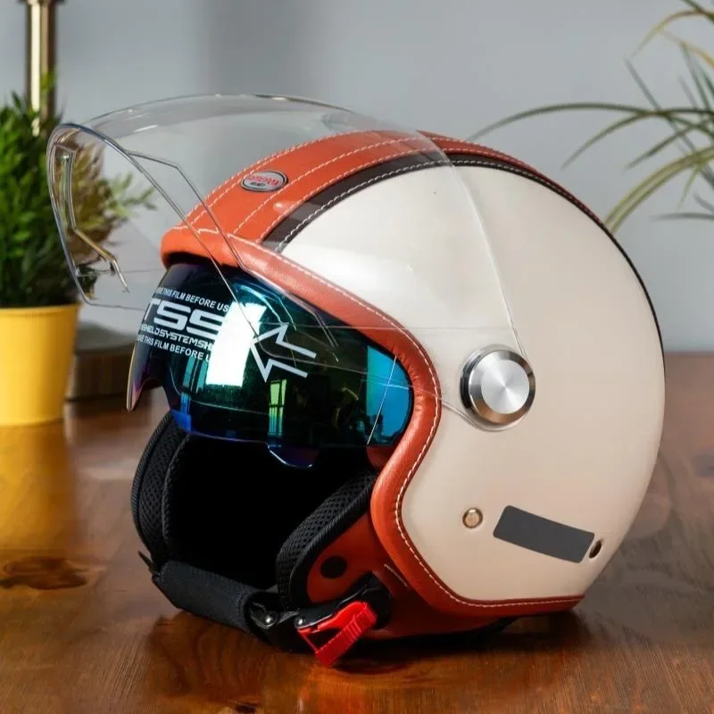 Vintage Open Face Retro Helmet - Klasyczny skórzany kask motocyklowy z otwartą
